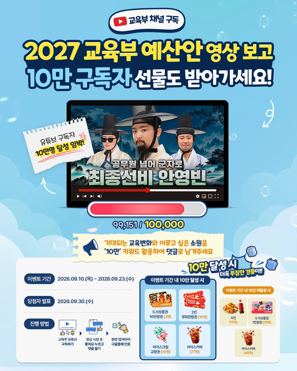 교육부 2027 예산안 영상 시청하고 10만 구독자 선물 이벤트 행사 이미지